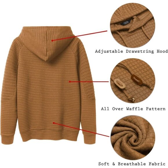 Men Yellow Pullover Casaul Long Sleeve Drawstring Waffle Knit Hooded Sweatshirt - Picture 6 of 7